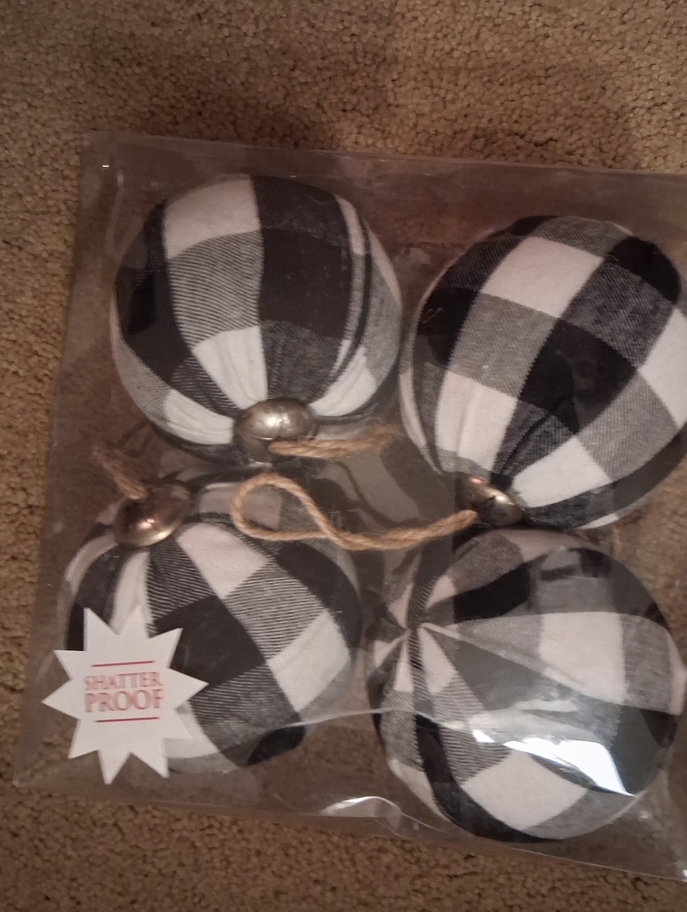 Black and White Buffalo Plaid Fabric Ornaments - Set of 4